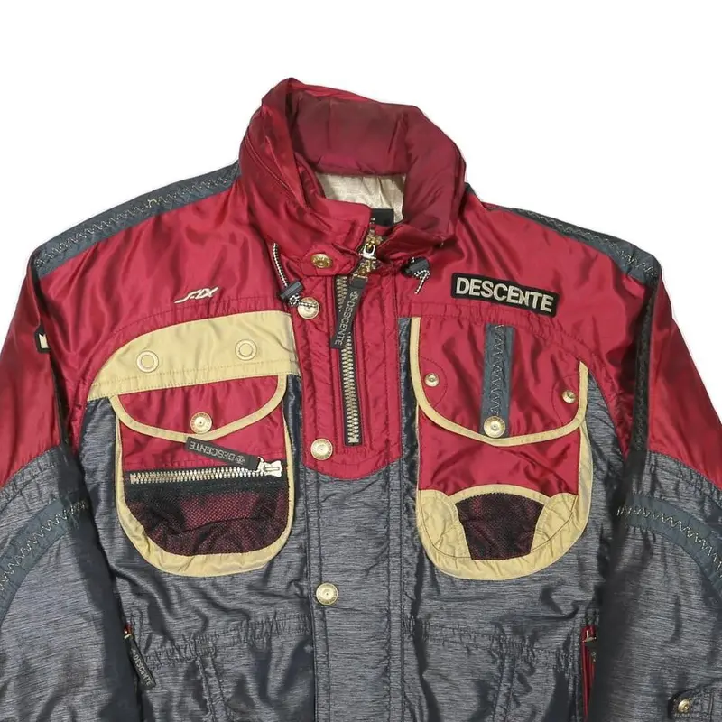 Descente Mens Red & Grey Outdoor Jacket L Polyester Blend Zip Pockets Sportswear 2