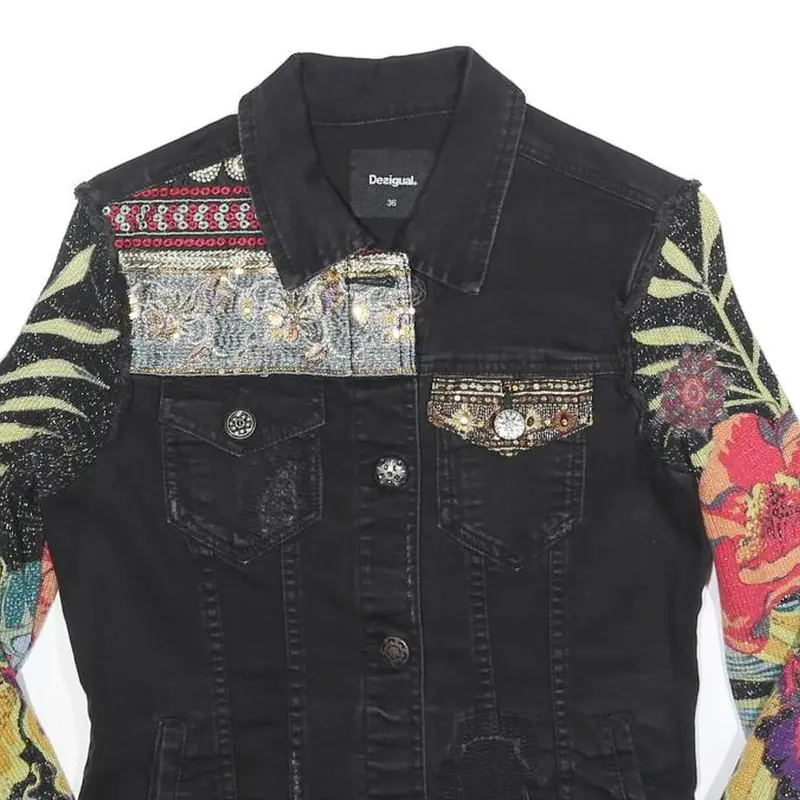 Desigual Womens Black Cotton Blend Button Denim Jacket Xs Floral Sleeves 2