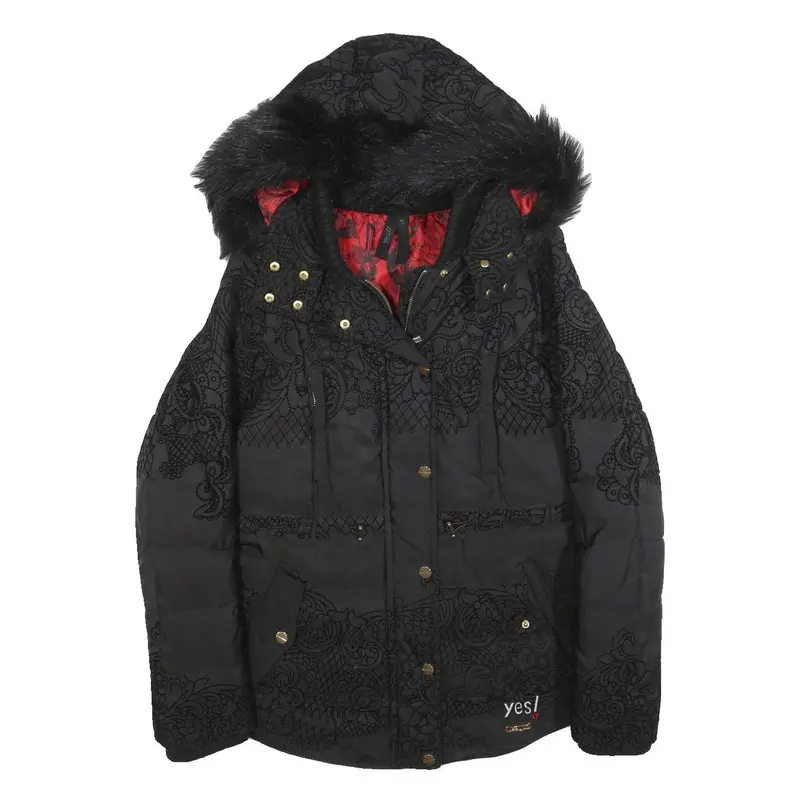 Desigual Womens Black Embroidered Zip Jacket S Polyester Hooded 1