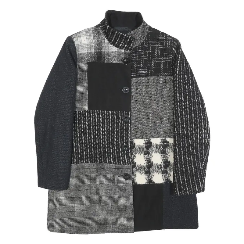 Desigual Womens Black & Grey Patchwork Button Jacket L Woven Classic Fit Stylish 1