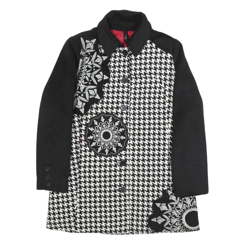 Desigual Womens Black & White Houndstooth Button Jacket M Polyester Blend 1