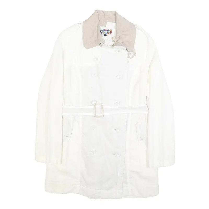 Desigual Womens White Cream Linen Blend Button Jacket L Belted Embroidered 1