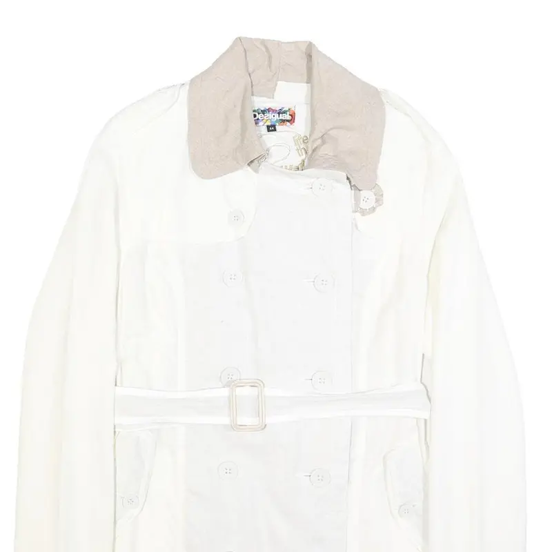 Desigual Womens White Cream Linen Blend Button Jacket L Belted Embroidered 2
