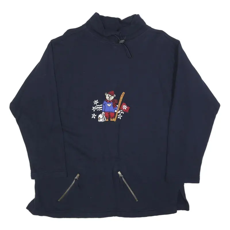 Deville Womens Navy Blue Sweatshirt Xl Embroidered Bear Zipper Pockets Pullover 1
