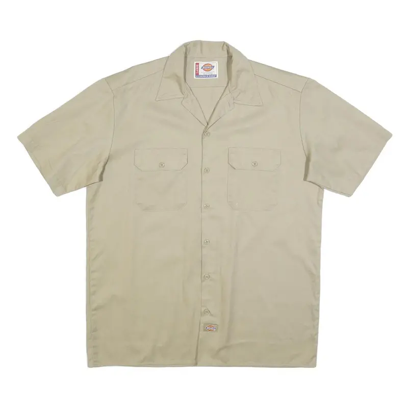Dickies Mens Beige Cotton Short Sleeve Shirt L Button Pocket Workwear 1