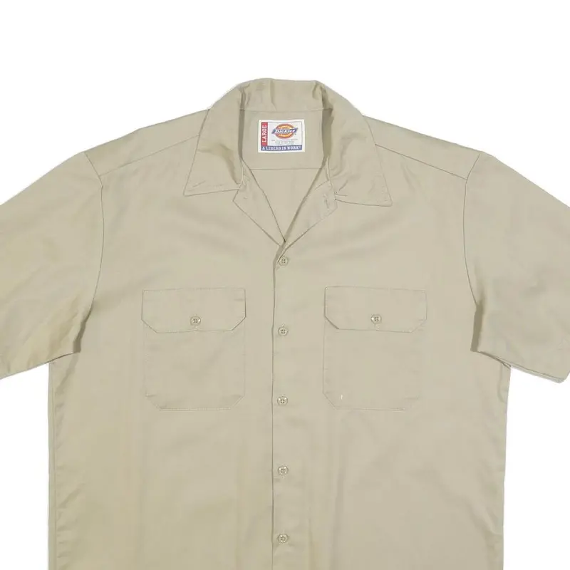 Dickies Mens Beige Cotton Short Sleeve Shirt L Button Pocket Workwear 2