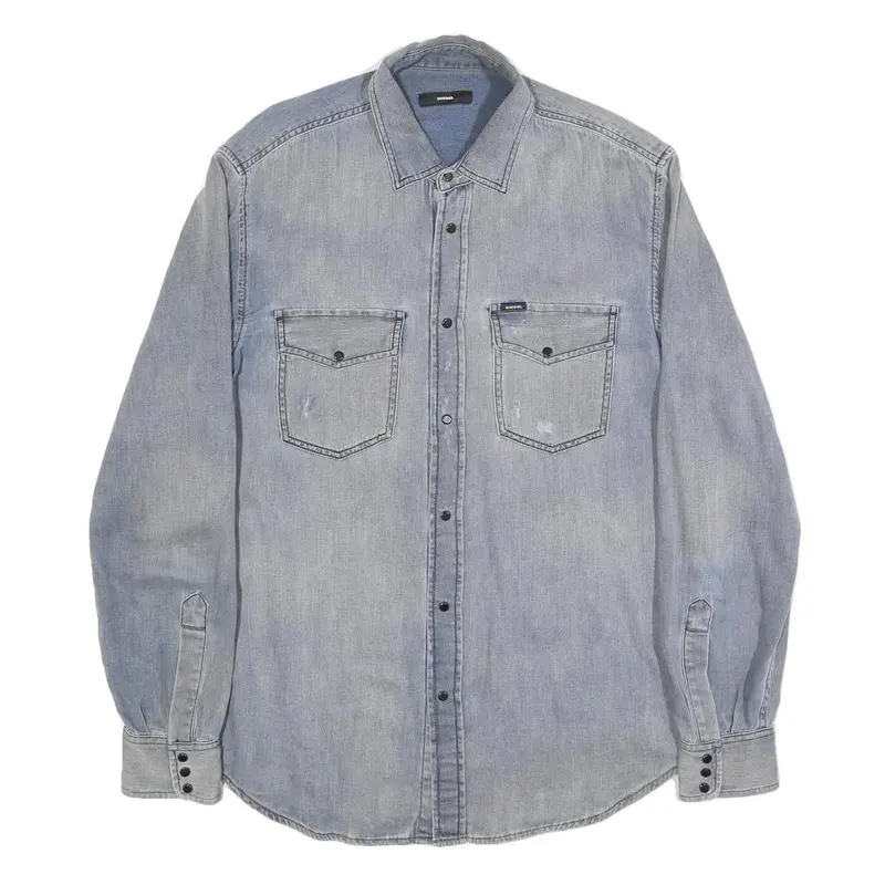 Diesel Mens Blue Denim Shirt L Twin Pocket Casual Button Up 1
