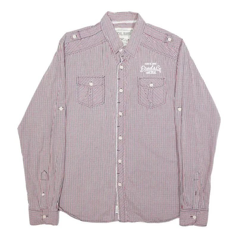 Diesel Mens Red Blue Check Shirt L Casual Cotton Button Long Sleeve 1