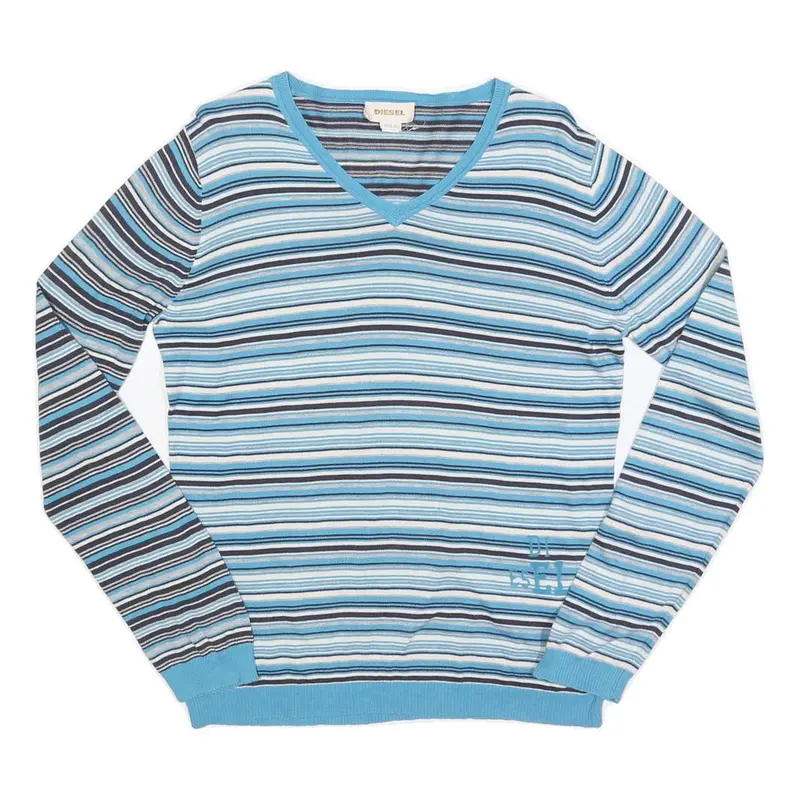 Diesel Womens Blue Striped Plain V-Neck Basic Knit S Lightweight Jumper 1