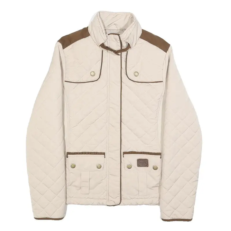 Diesel Womens Cream & Brown Quilted Jacket Xs Polyester Blend Zip Puffer 1