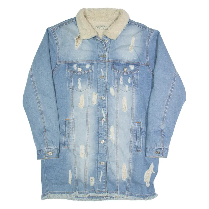Dilvin Distressed Womens Sherpa Lined Denim Jacket Blue Uk 12 1