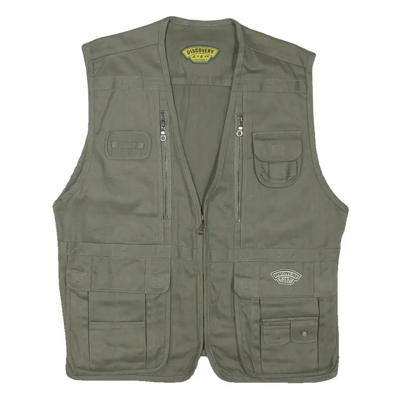 Discovery Mens Green Cotton Blend Utility Vest L Woven Zip Pockets Outdoor 1