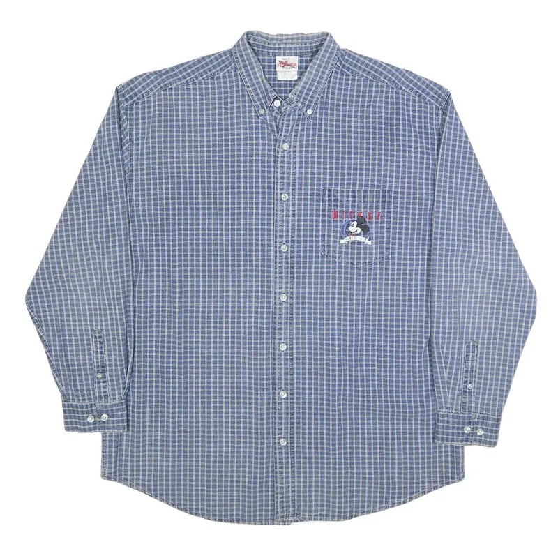 Disney Mens Blue Check Cotton Shirt L Mickey Embroidered Pocket Casual 1