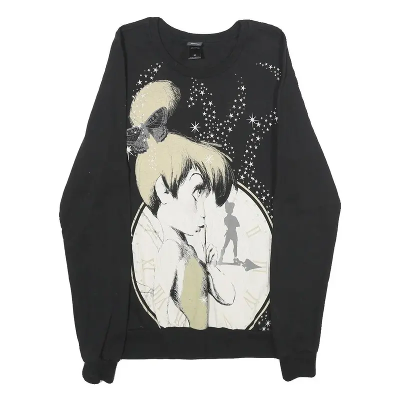 Disney Womens Black Tinkerbell Crew Neck M Cotton Sweatshirt Pullover 1