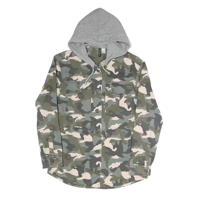 Divided Womens Green & Grey Camouflage Hooded Button Cotton Blend Jacket M 1