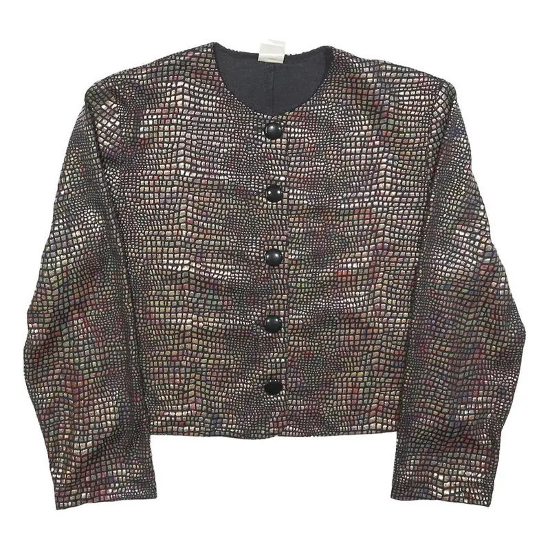 Divina Womens Brown Button Jacket S Polyester Blend Patterned Cropped Stylish 1