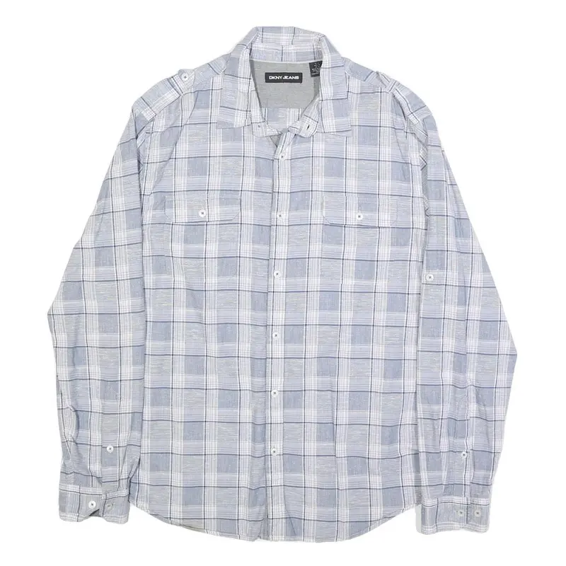 Dkny Mens Blue White Check Shirt L Casual Cotton Long Sleeve Button Shirt 1