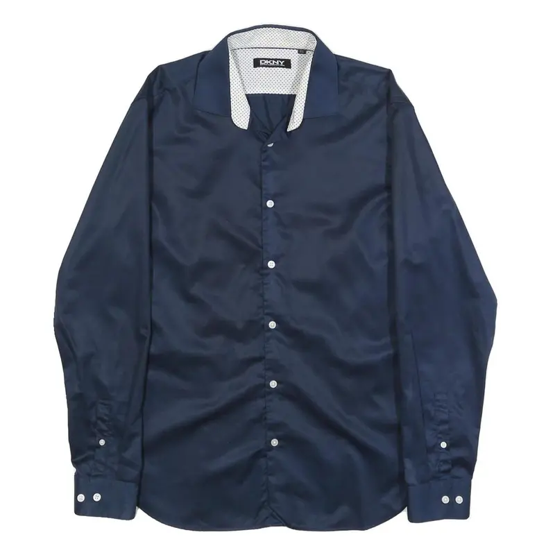 Dkny Mens Navy Blue Plain Shirt M Cotton Blend Button Collar Long Sleeve Classic 1
