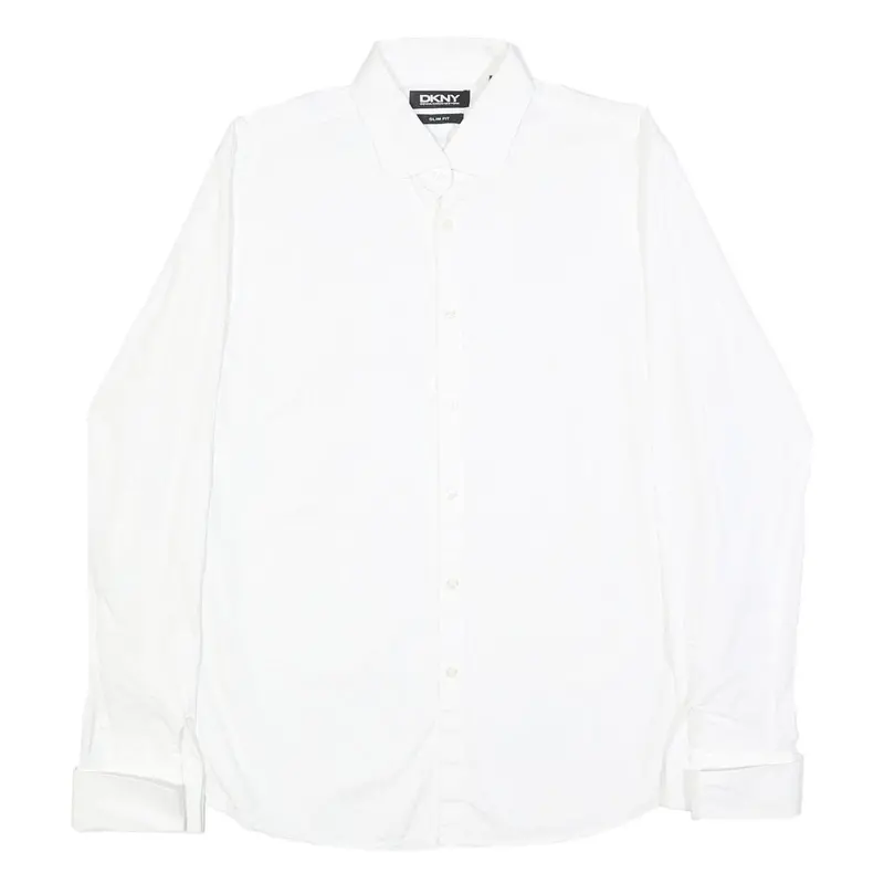 Dkny Mens White Slim Fit Cotton Shirt M Dress Formal Classic Collar 1