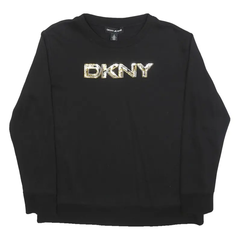 Dkny Womens Black Cotton Blend Crew Neck S Sweatshirt Logo Embellished Pullover 1