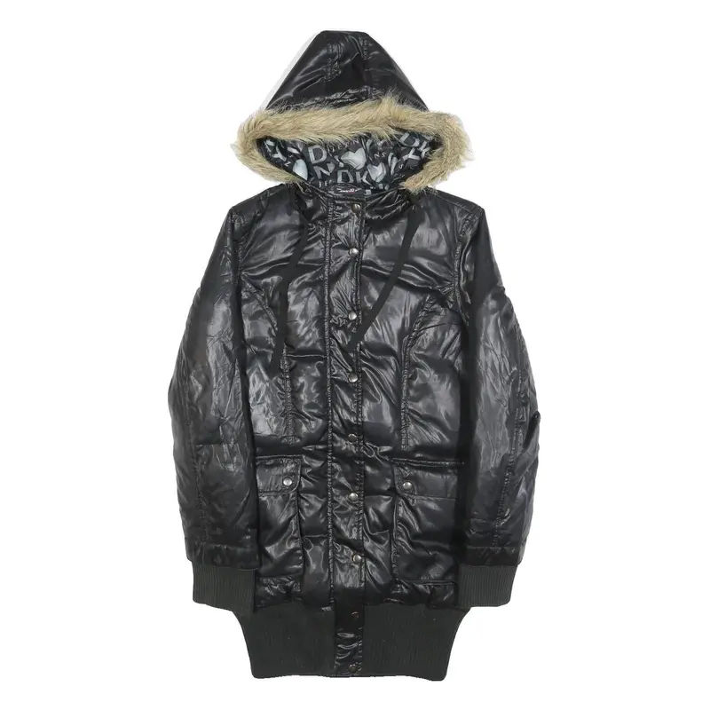 Dkny Womens Black Polyester Hooded Puffer Jacket M Casual Zip Up Winter 1