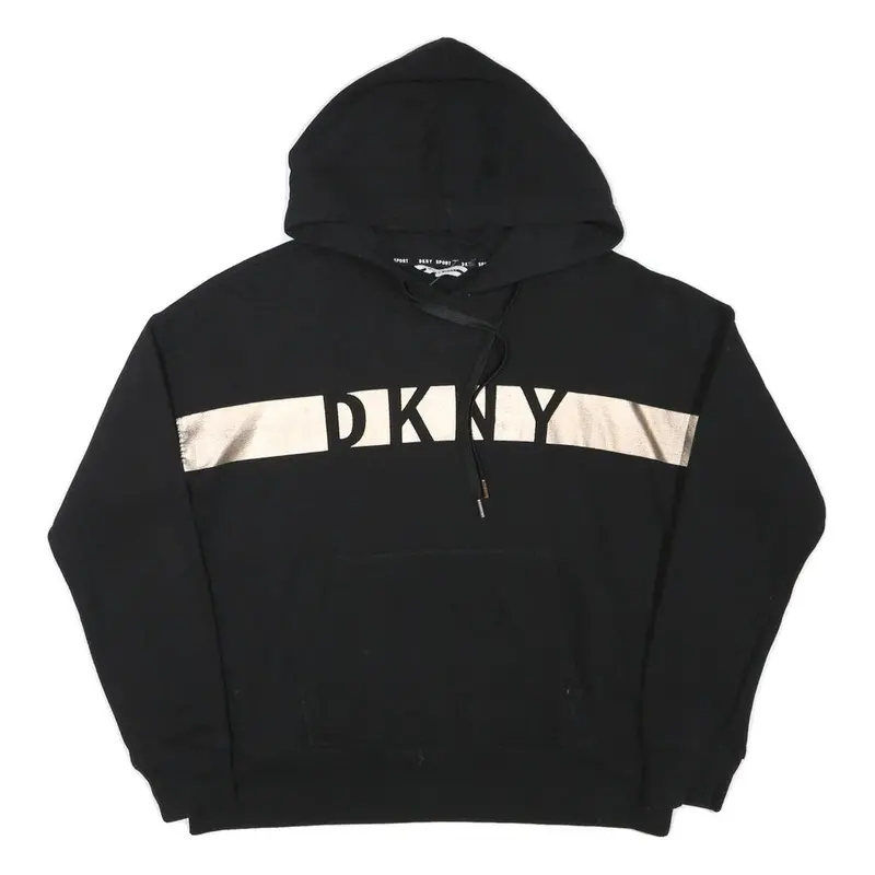 Dkny Womens Black Pullover Hoodie M Cotton Blend Drawstring Hood Pocket 1