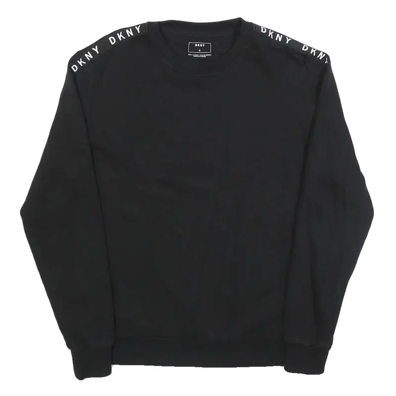 Dkny Womens Black Sweatshirt Crew Neck M Logo Tape Shoulder Stripe Casual 1