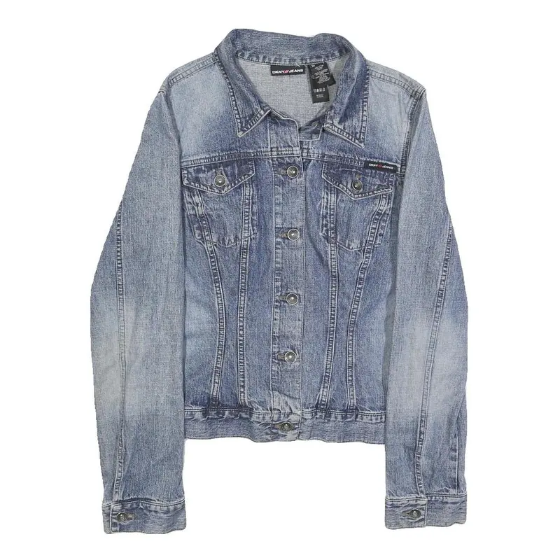 Dkny Womens Blue Denim Button Cotton Classic Jacket L Jeans Vintage Style 1