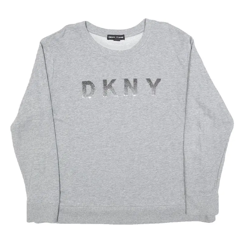 Dkny Womens Grey Sweatshirt Crew Neck L Logo Print Cotton Blend Pullover 1