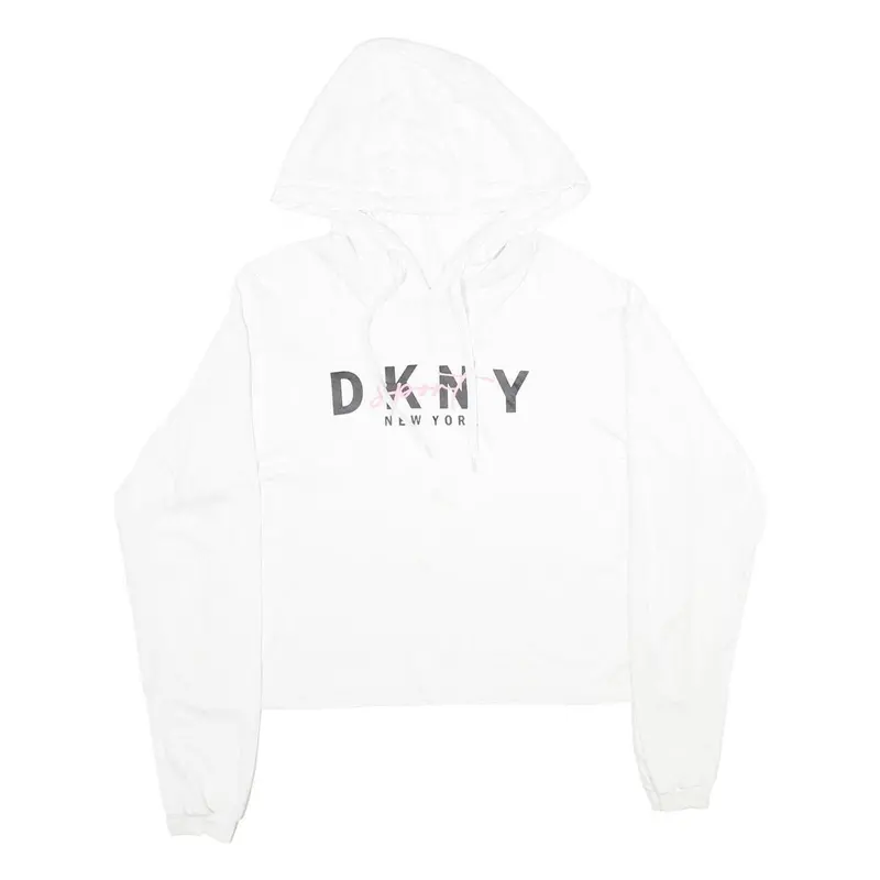 Dkny Womens White Cropped Hoodie Xs Cotton Blend Pullover Logo Print 1