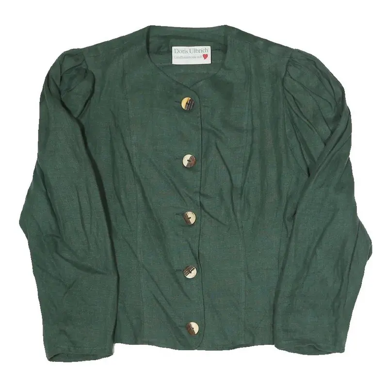 Doris Ulbrich Womens Green Coach Jacket M Linen Woven Plain Button Closure Long 1