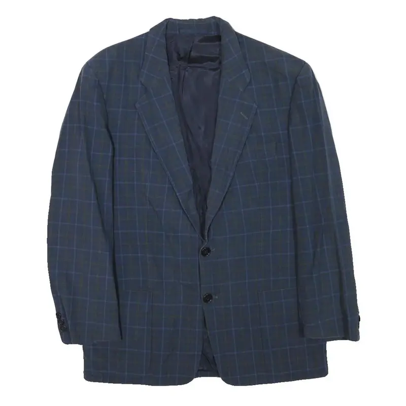 E Thomas Mens Blue Checked Classic Jacket S Wool Blend Button Closure Stylish 1