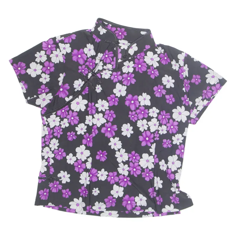 Eastern Inspired Womens Printed Top Purple High Neck Floral M 1
