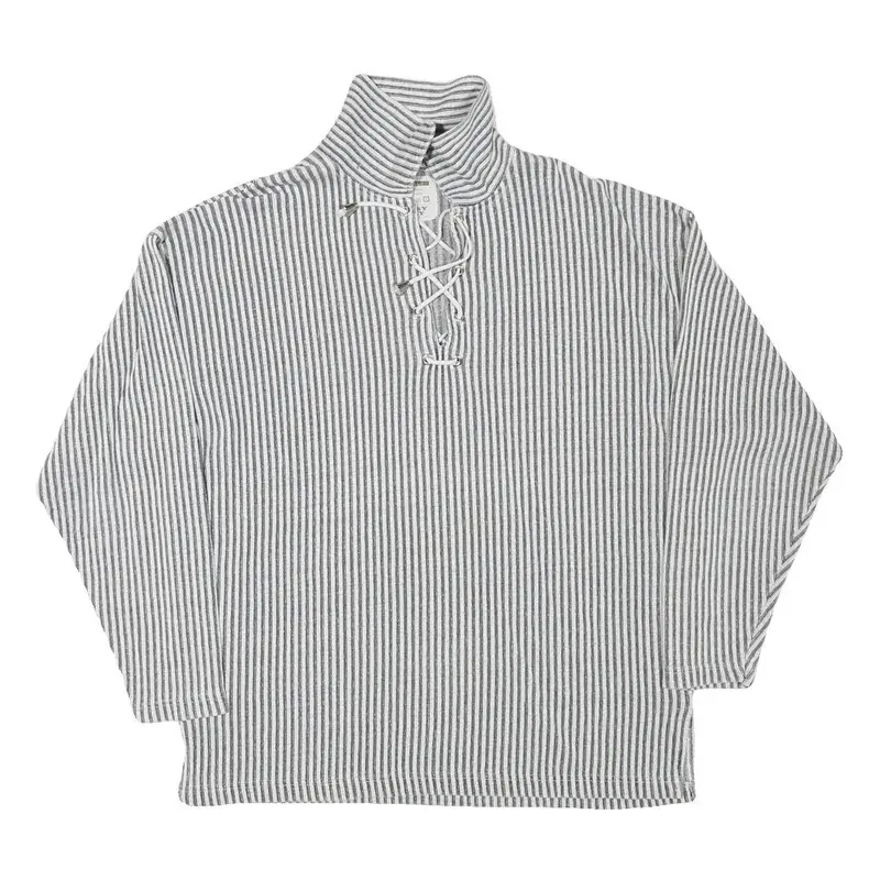 Easy Way Mens Grey & White Striped Pullover Sweatshirt L Lace Up Neck Casual 1
