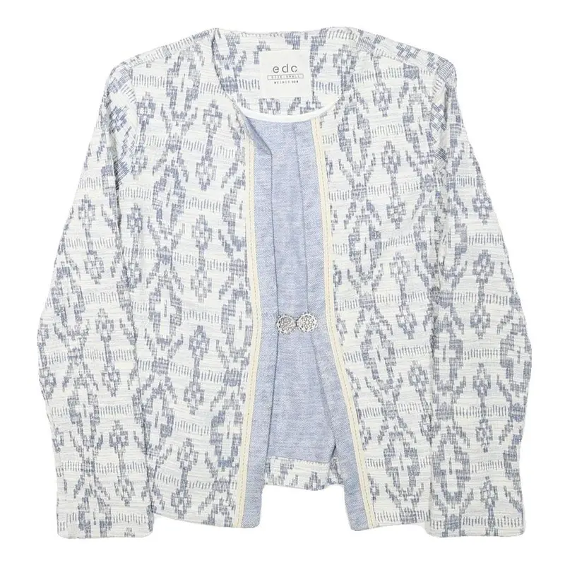 Edc Womens Blue & White Cotton Blend Patterned Button Jacket S Woven Lightweight 1