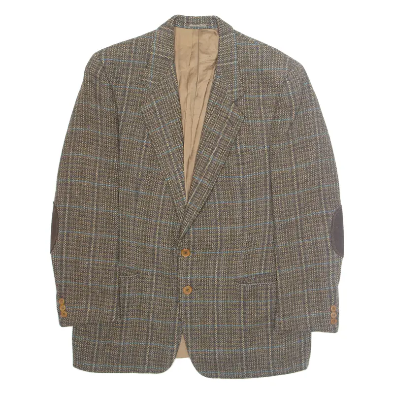 Elite Mens Blazer Jacket Brown Wool Plaid L 1