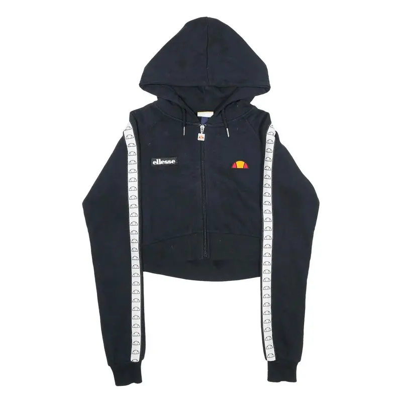 Ellesse Womens Black White Logo Tape Full Zip Hoodie Uk 6 Cropped Cotton Blend 1