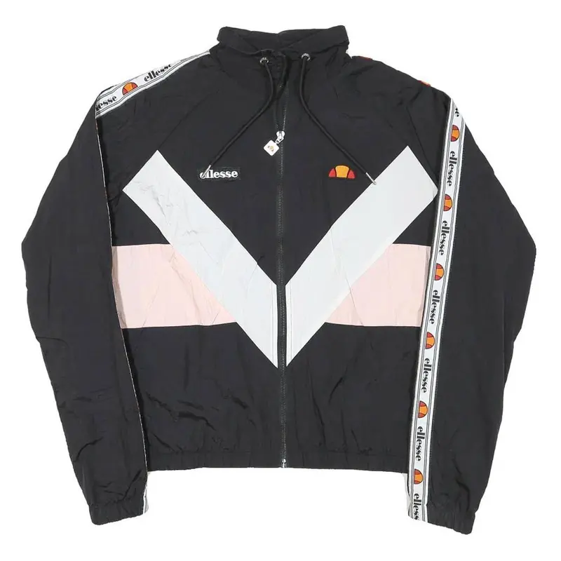 Ellesse Womens Black White & Pink Logo Tape Track Jacket Uk 8 Polyester Blend 1