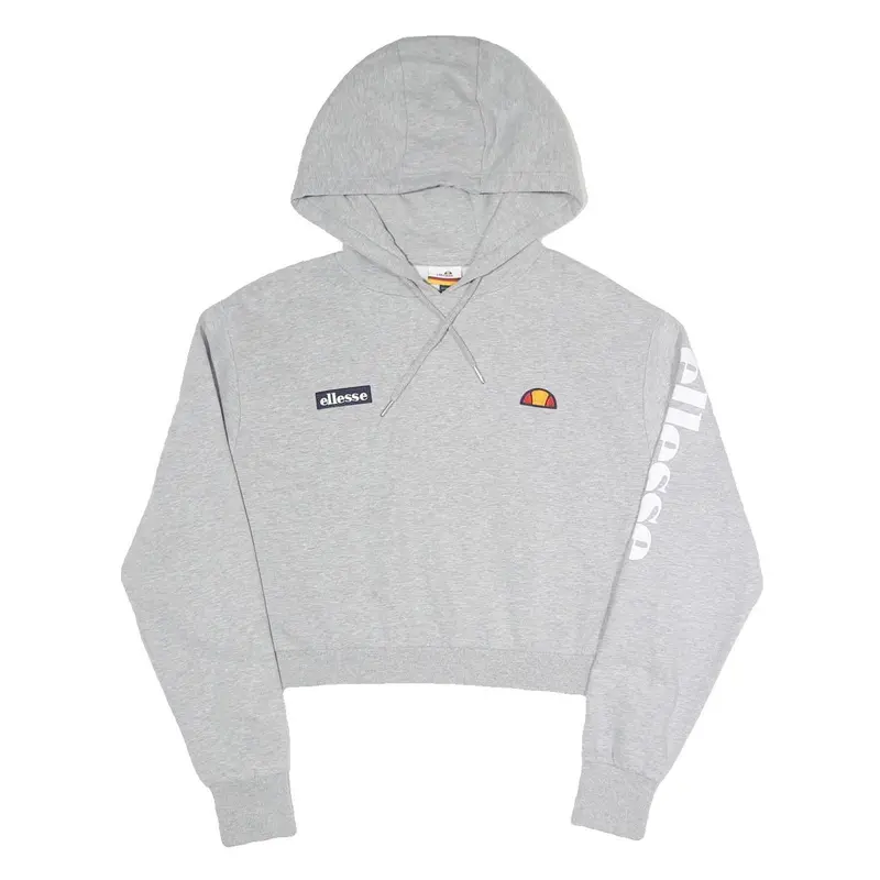 Ellesse Womens Grey Hoodie Uk 12 Cotton Blend Pullover Logo Print Cropped 1