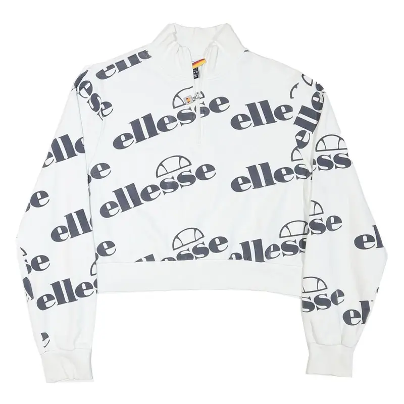 Ellesse Womens White 1/4 Zip Uk 10 Sweatshirt Cotton Blend Logo Print 1
