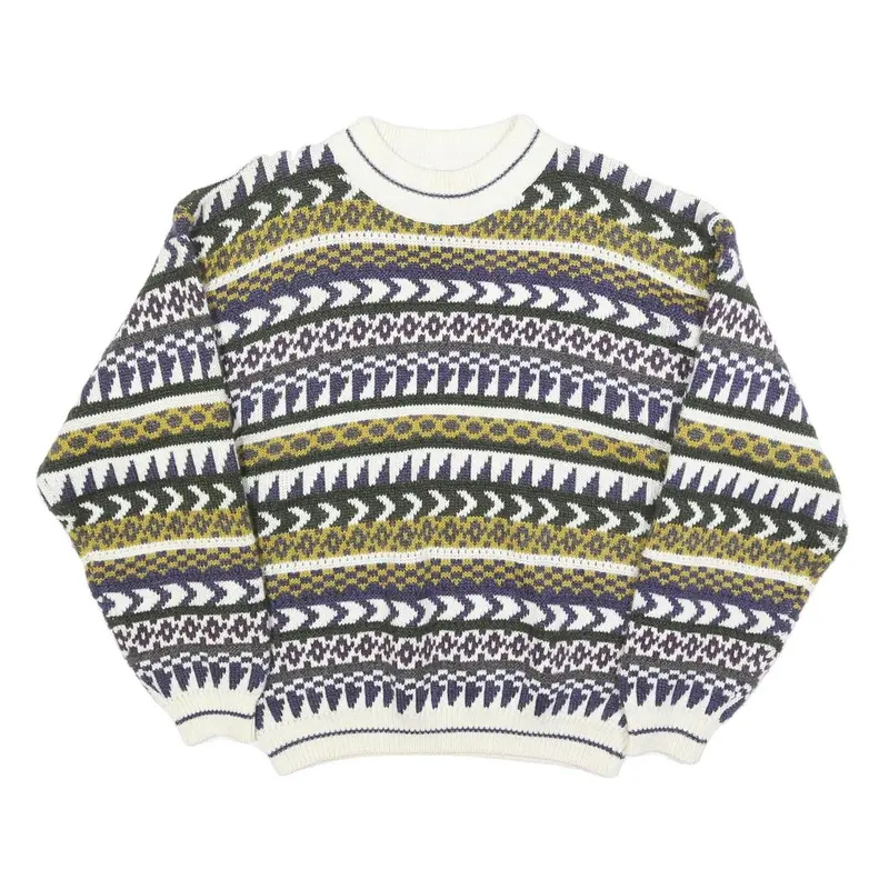Elliot Bay Mens Cream Green & Purple Patterned Jumper Crew Neck Basic Knit L 1
