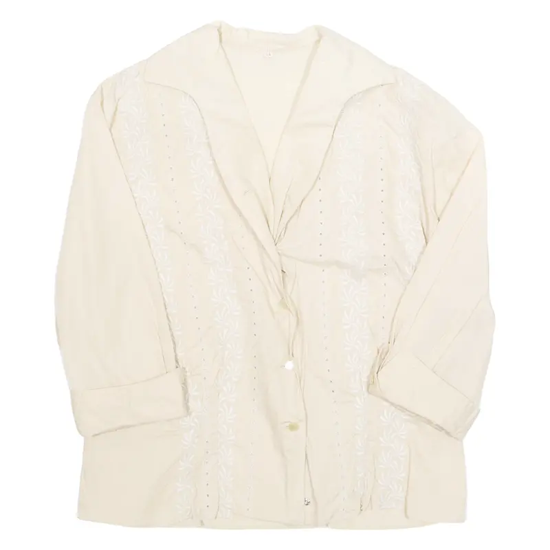 Embroidered Womens Shirt Cream Collared Long Sleeve L 1