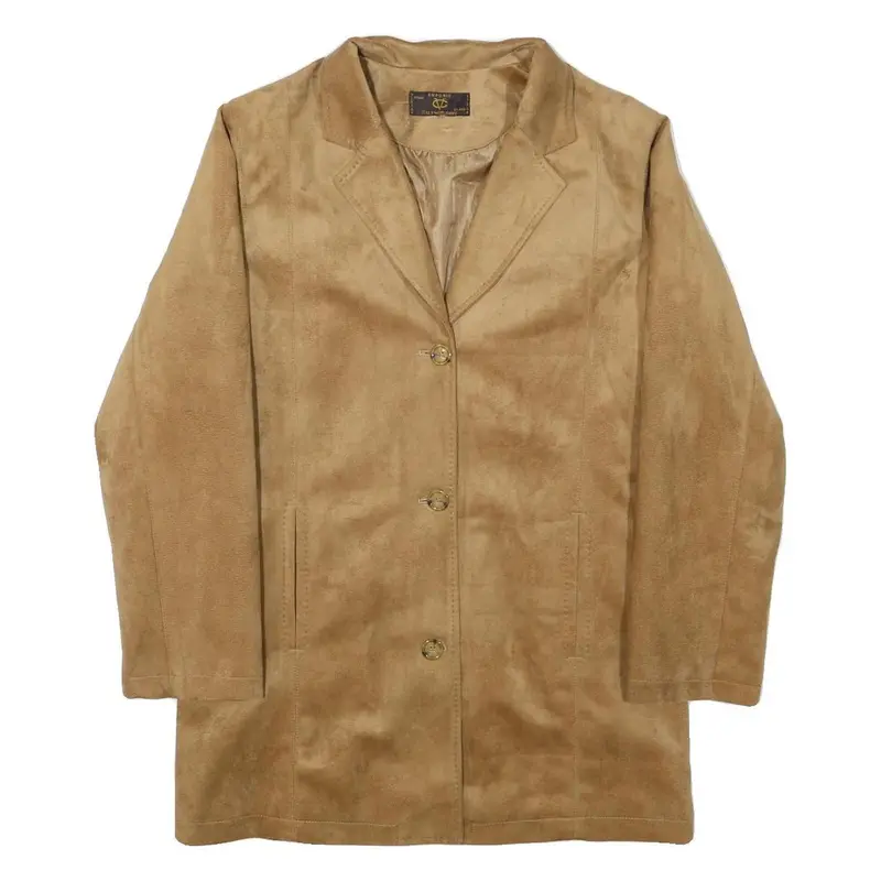 Emporio Womens Beige Suede Button Jacket M Plain Classic Blazer Style 1