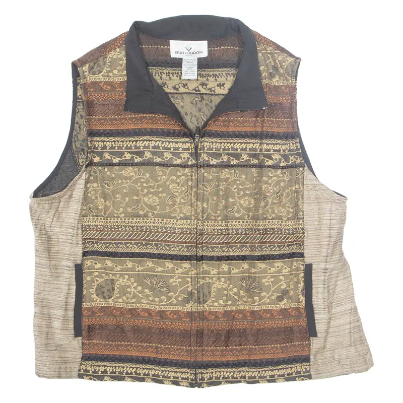 Erin London Petite Full Zip Womens Printed Shirt Brown Crazy Pattern M 1