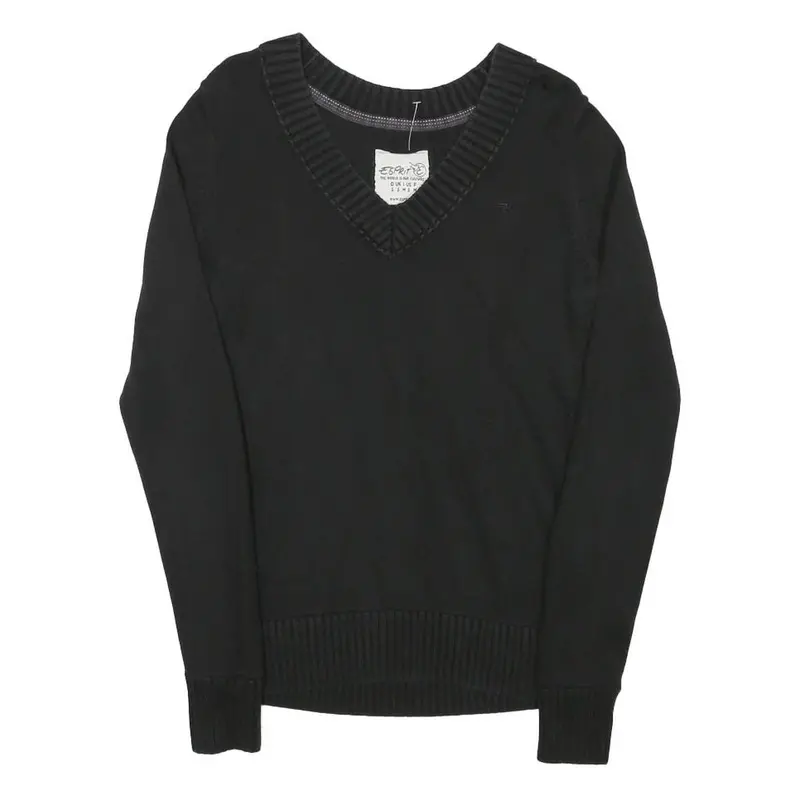 Esprit Womens Black Plain Cotton Blend Jumper V-Neck Basic Knit S Casual 1