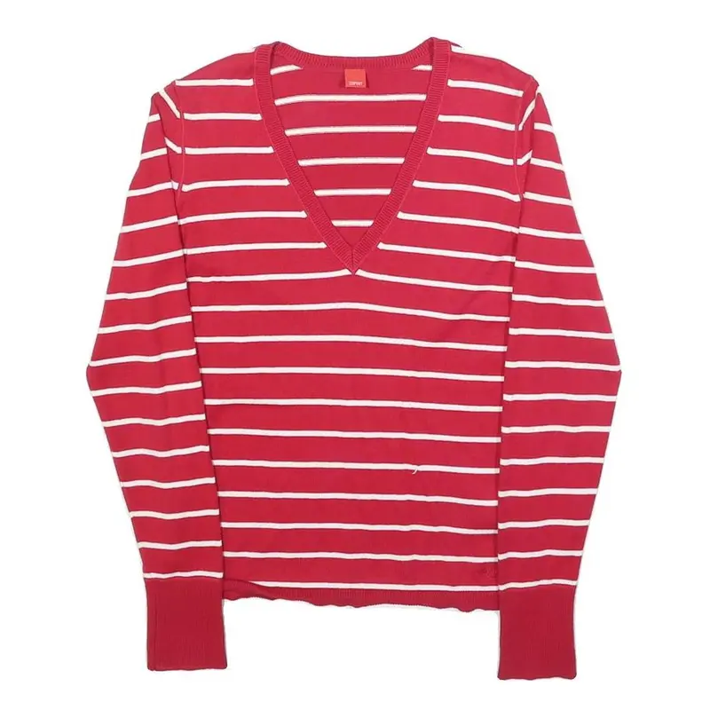 Esprit Womens Red & White Patterned V-Neck Basic Knit Jumper S Striped Cotton 1