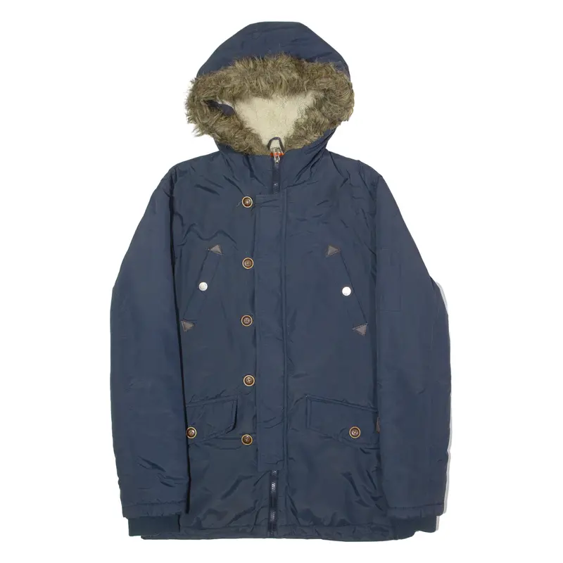 Est. 1972 Faux Fur Trim Mens Parka Coat Blue Hooded S 1