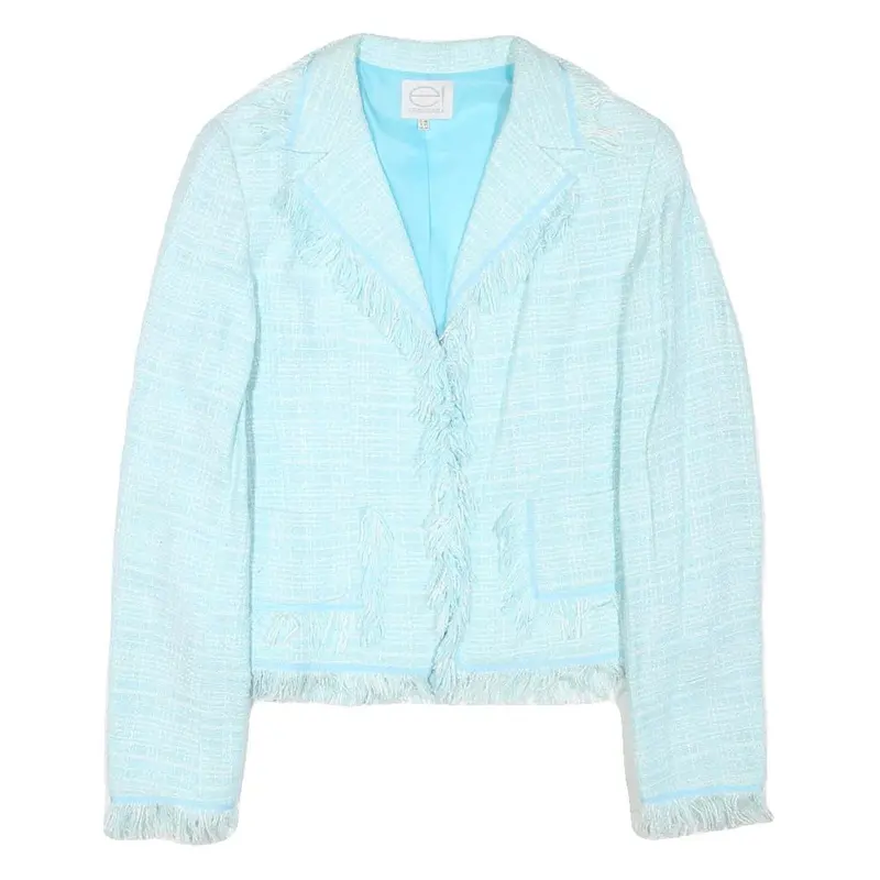 Expensive Womens Blue Button Jacket M Cotton Blend Tweed Fringed Cropped 1