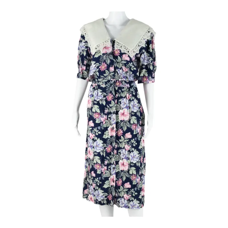 Expo Womens Day Dress Blue Floral Short Sleeve Midi Xl 1