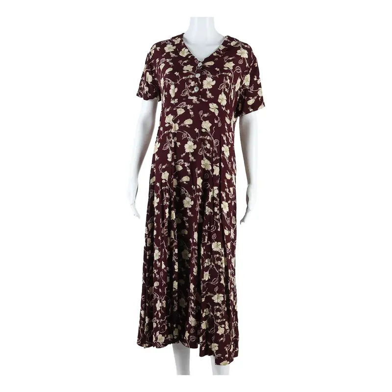 Express Pleated Womens Maxi Dress Maroon Floral Short Sleeve Long M 1